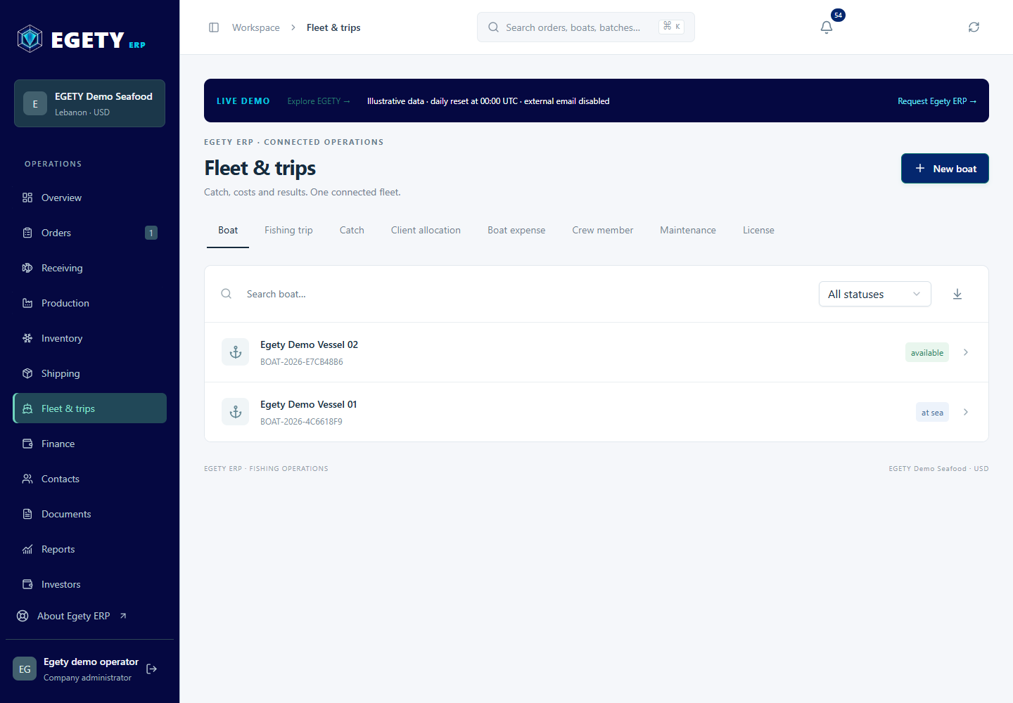 Actual Egety ERP fleet, trips and catch screen with QA data