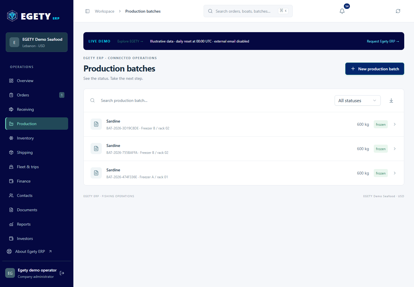 Egety ERP Factory workspace with illustrative QA records